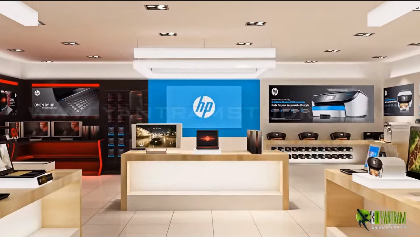 3D Interior Walkthrough Animation for HP (Hewlett-Packard) Retail Show Room by yantram 3d architectural animation studio – Dallas, Texas