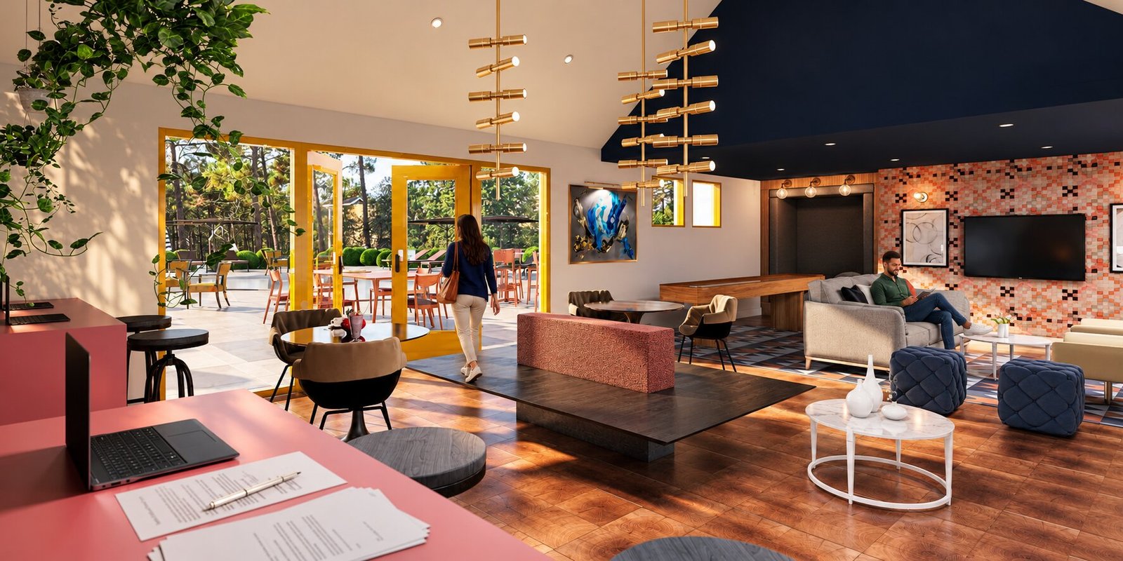 3D interior design of a club room with study table — Commercial Project Visualization