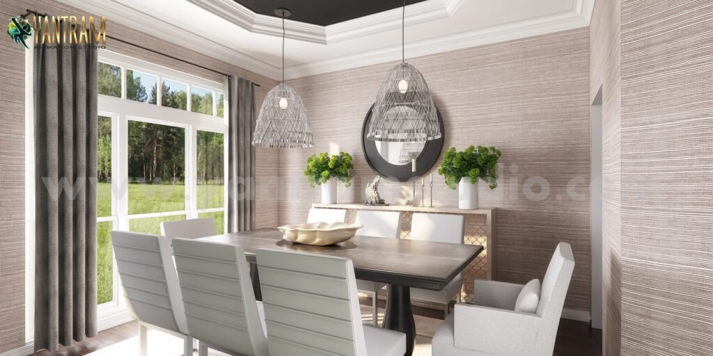 3D interior rendering of a modern dining room with white chairs, wooden dining table, decorative pendant lights, and large windows overlooking a green landscape.