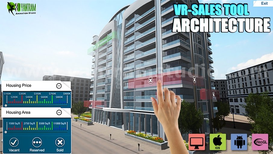 VR architecture sales tool visualization showing interactive apartment building exterior with housing price and availability interface.