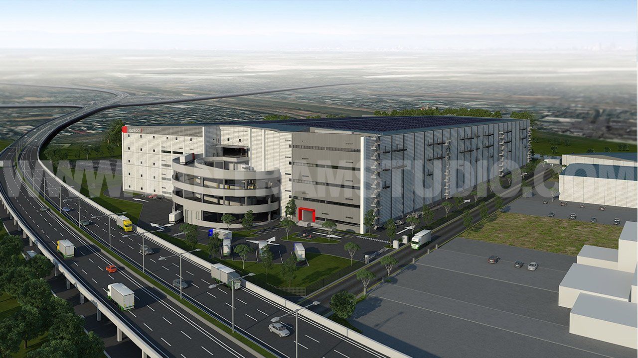 Aerial architectural visualization of a modern logistics and distribution warehouse near a highway, featuring rooftop solar panels, a curved glass office entrance, truck loading docks, surrounding roads, and landscaped site planning.