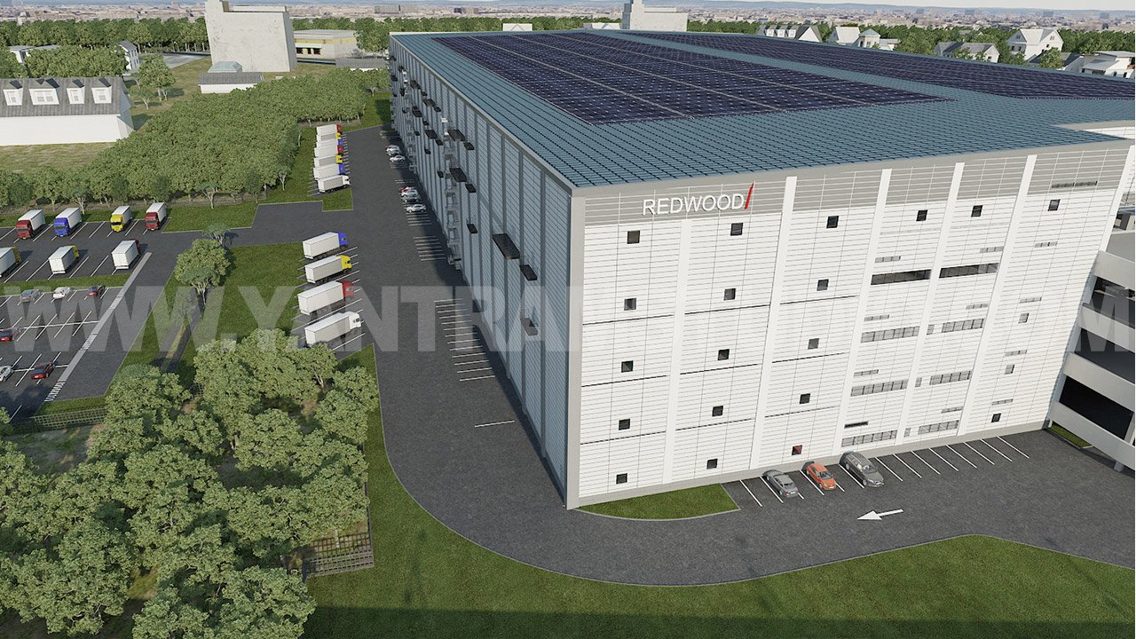 Aerial architectural visualization of a tall modern logistics warehouse with rooftop solar panels, vertical panel façade, truck loading areas along the side, staff parking spaces, and surrounding greenery.