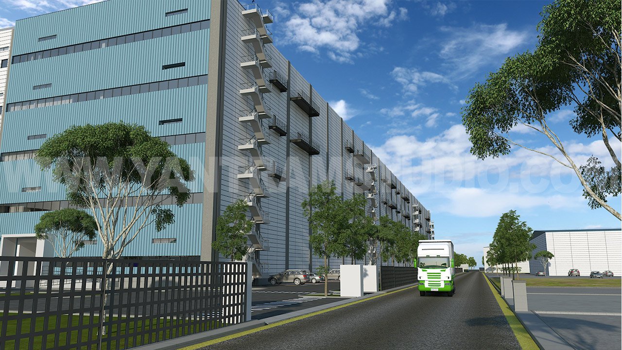 Street-level architectural visualization of a large modern warehouse with vertical metal panel façade, external stair cores, security gate entrance, delivery truck access road, and landscaped surroundings.