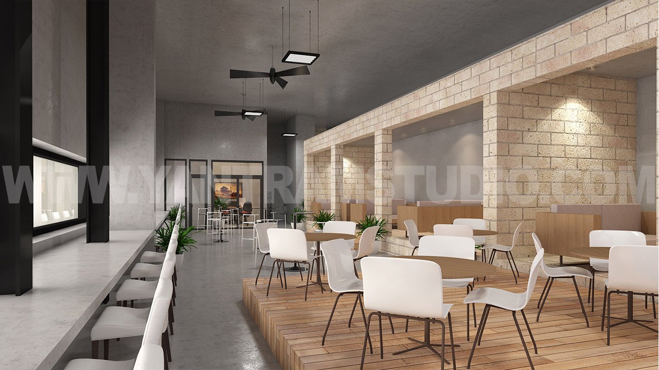 Photorealistic modern café interior featuring stone accent walls, wooden platform flooring, white dining chairs, round tables, indoor plants, and contemporary ceiling lighting.