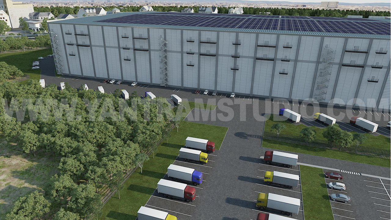 Aerial architectural visualization of a large distribution warehouse with rooftop solar panels, multiple truck loading bays, parked freight trailers, surrounding greenery, and access roads for logistics operations.
