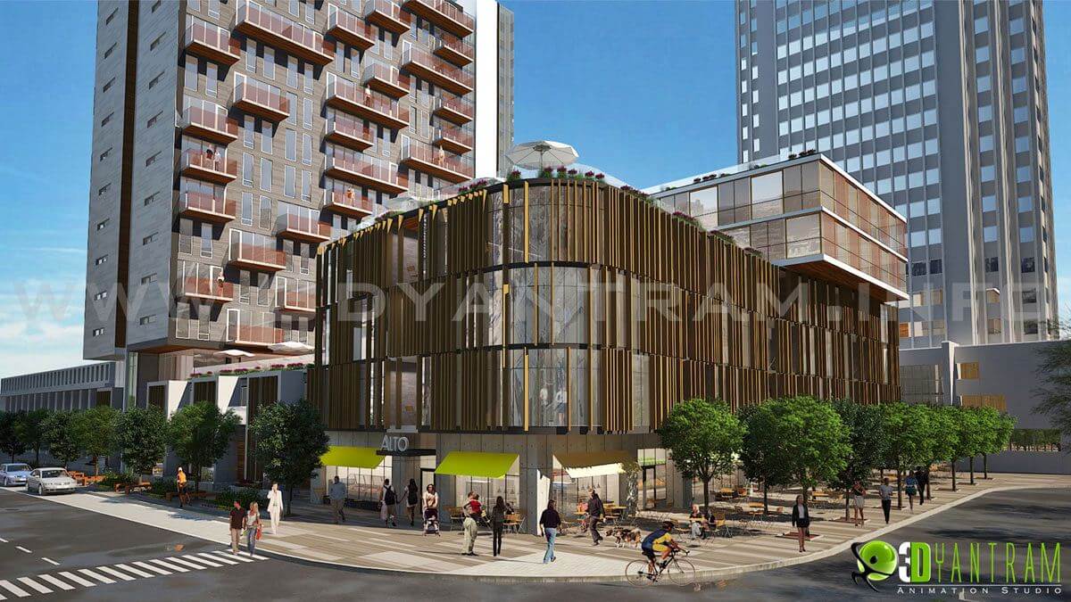 3d exterior modeling of Unique Commercial Multistory Building by yantram Architectural rendering studio, Los Angeles, USA