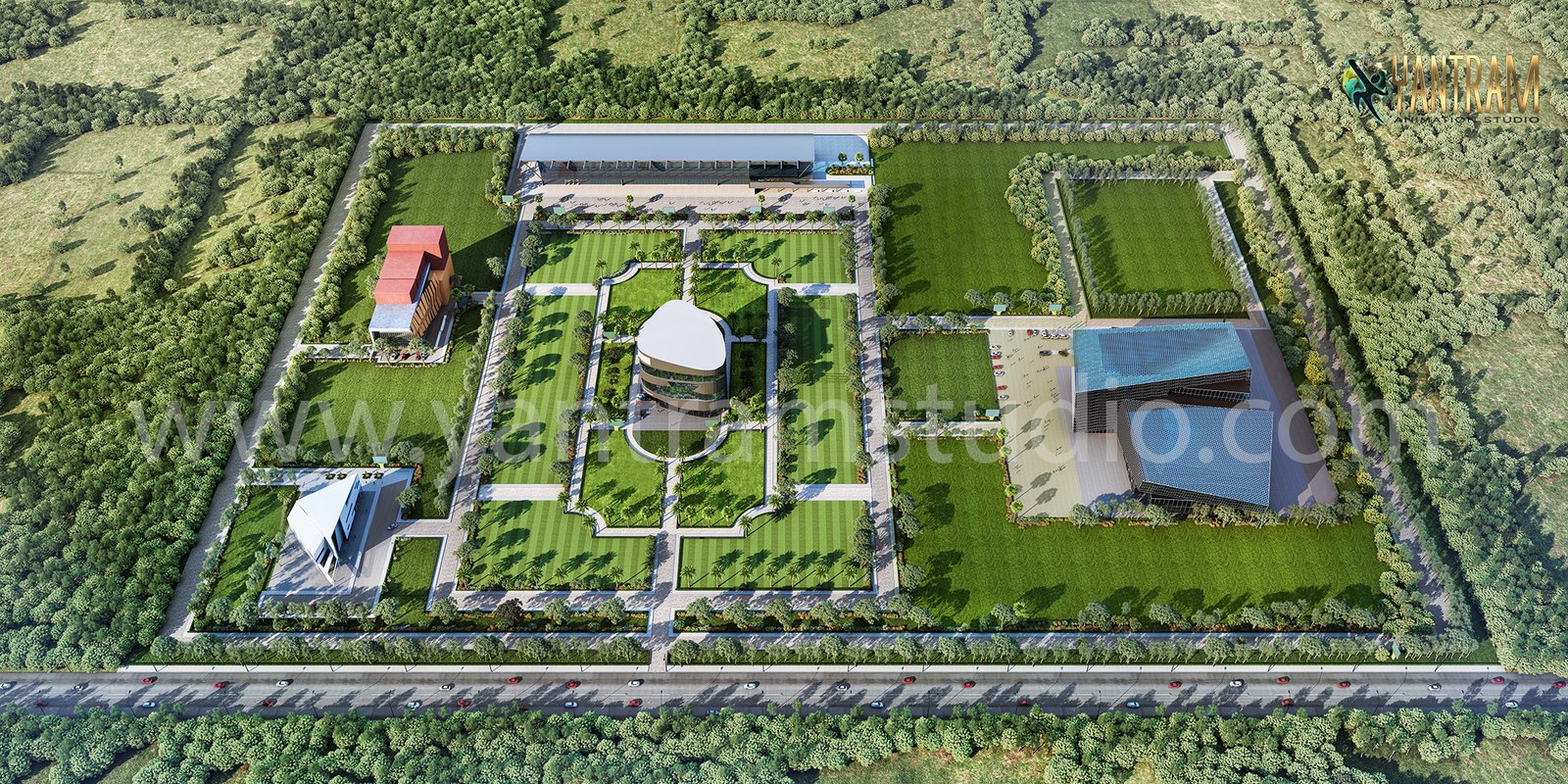 Aerial 3D rendering of a large institutional campus masterplan featuring central circular building, landscaped gardens, multiple facility blocks, parking areas, and surrounding green buffer zones.