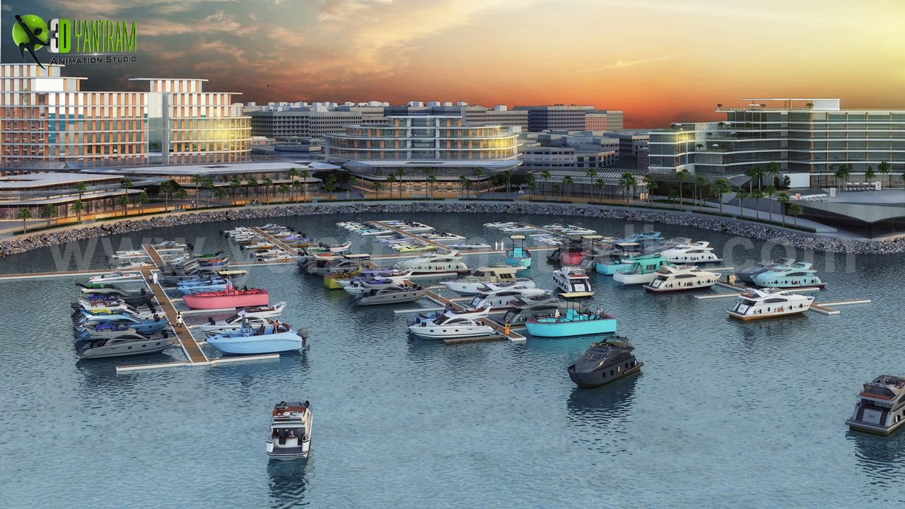 3d architectural visualization of Beach Side Hotel Design with Yacht Station Developed by Yantram Architectural Visualization companies, Dubai – UAE