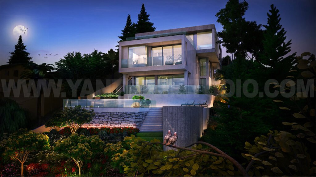 house back yard beach side home exterior pool design idea view 3d architectural rendering studio night view
