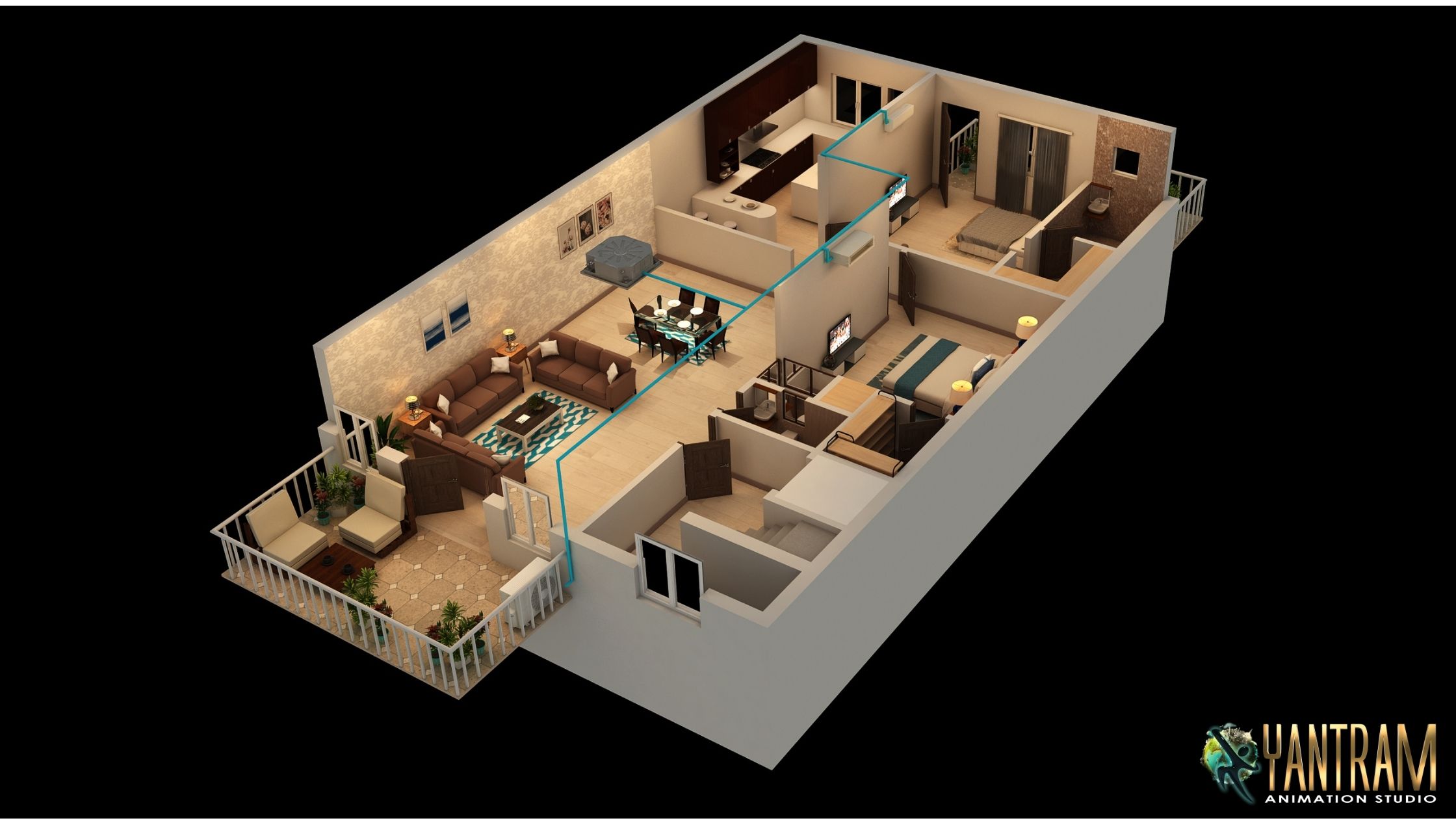 architectural, rendering, studio, visualization, services, design, Idea, floor plan, residential, home, apartment, villa, bungalow, ground floor, 1500 sq ft, 1 bedroom, kitchen, living room, modeling