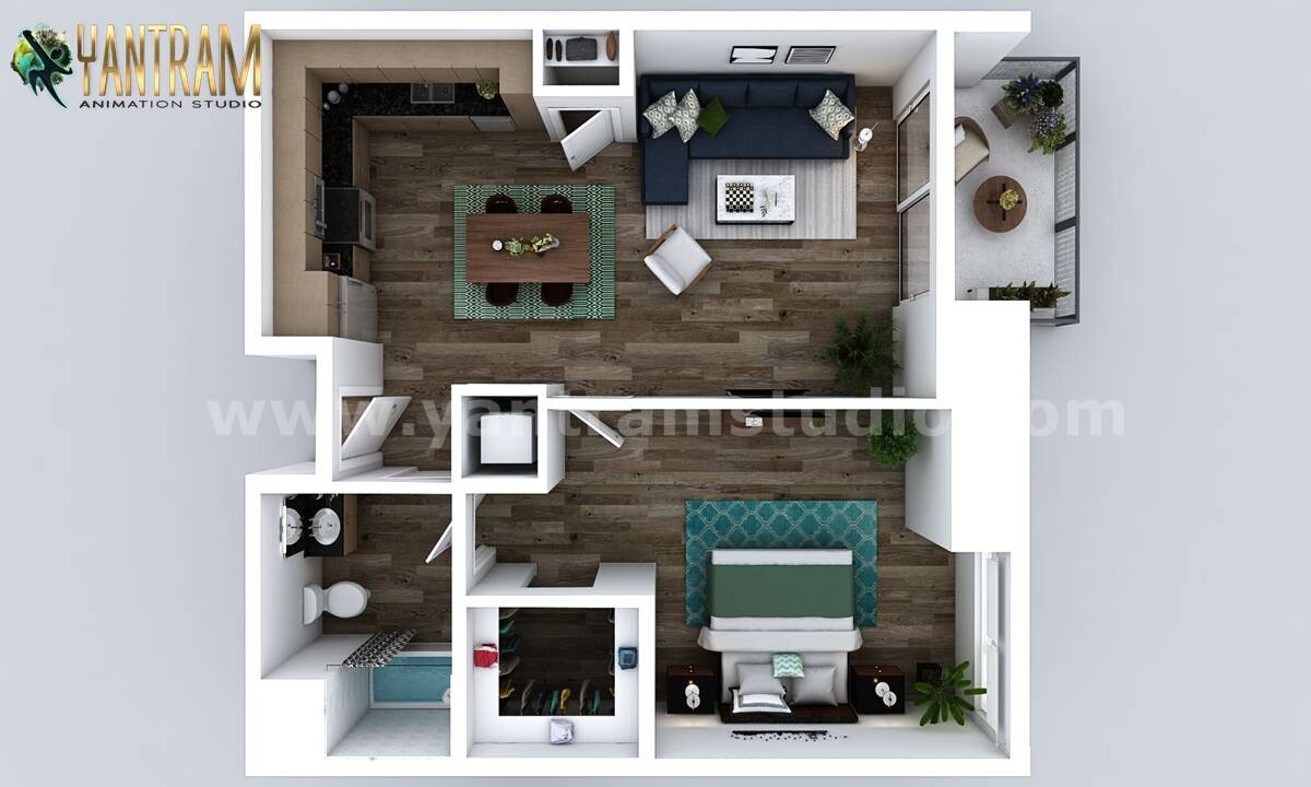 3d Floor Plan Design Services to Small New Style One Bedroom Apartment by Yantram Architectural Animation Studio, San Francisco – California