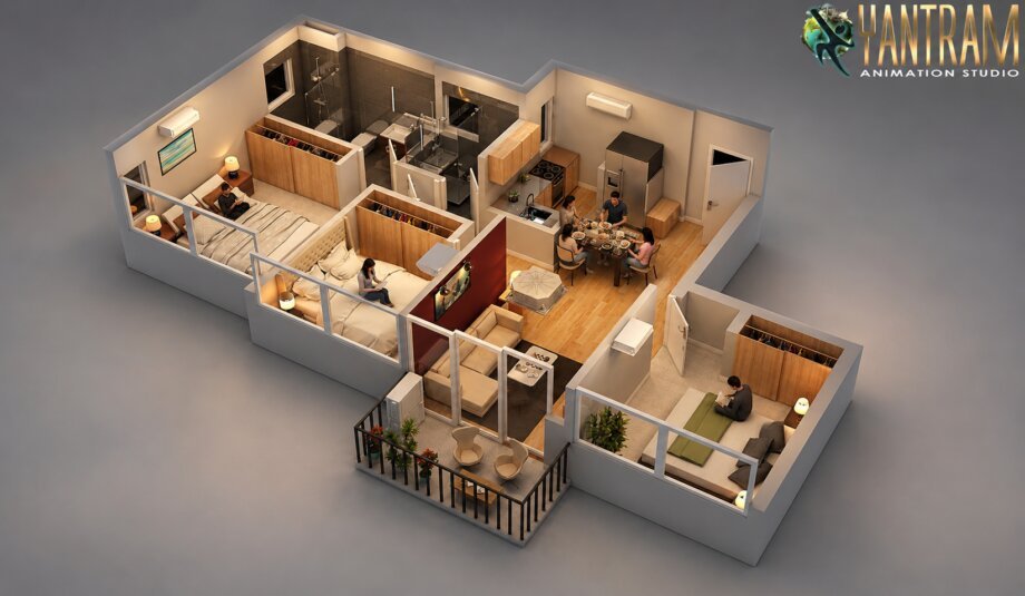 architectural, rendering, studio, visualization, services, design, Idea, floor plan, residential, home, apartment, villa, bungalow, ground floor, 1500 sq ft, 3 bedroom, kitchen, living room, companies