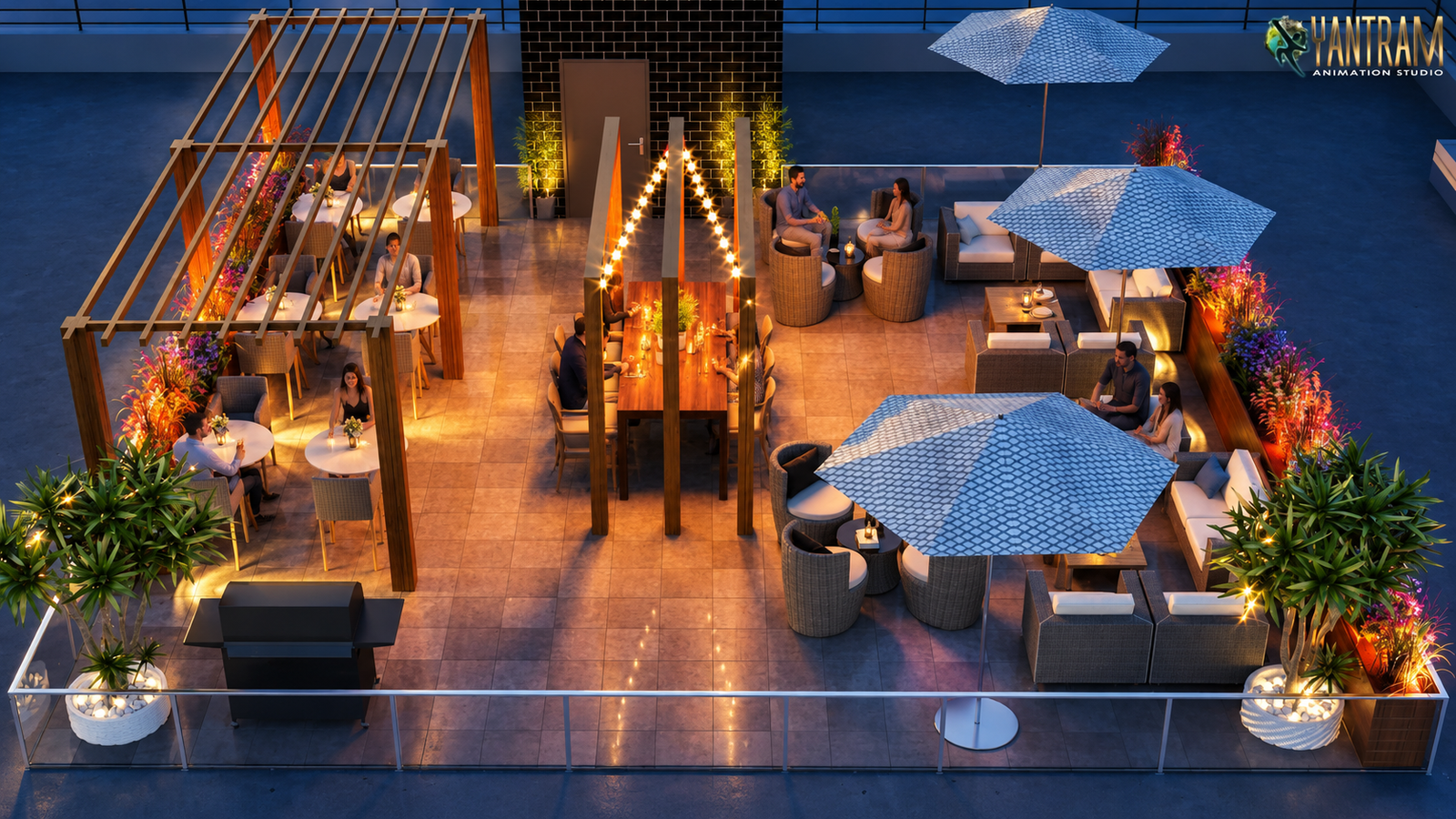 Contemporary rooftop terrace with lounge seating, dining tables, pergola structure, large umbrellas, planters, and warm ambient lighting at dusk.