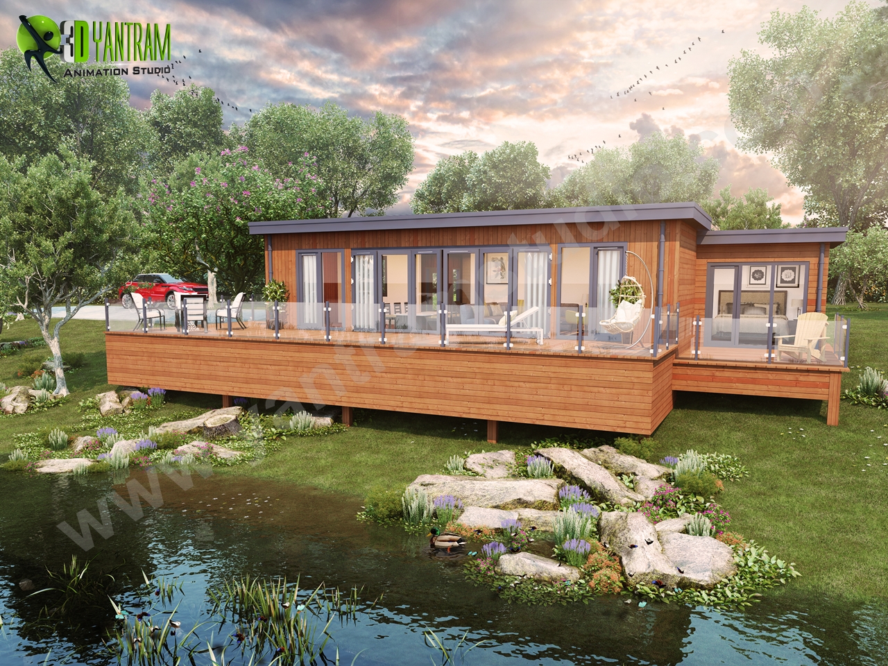 3d rendering services to Lodge Exterior with Natural Landscape & Pond – Creative ideas by Yantram Studio, UK – London