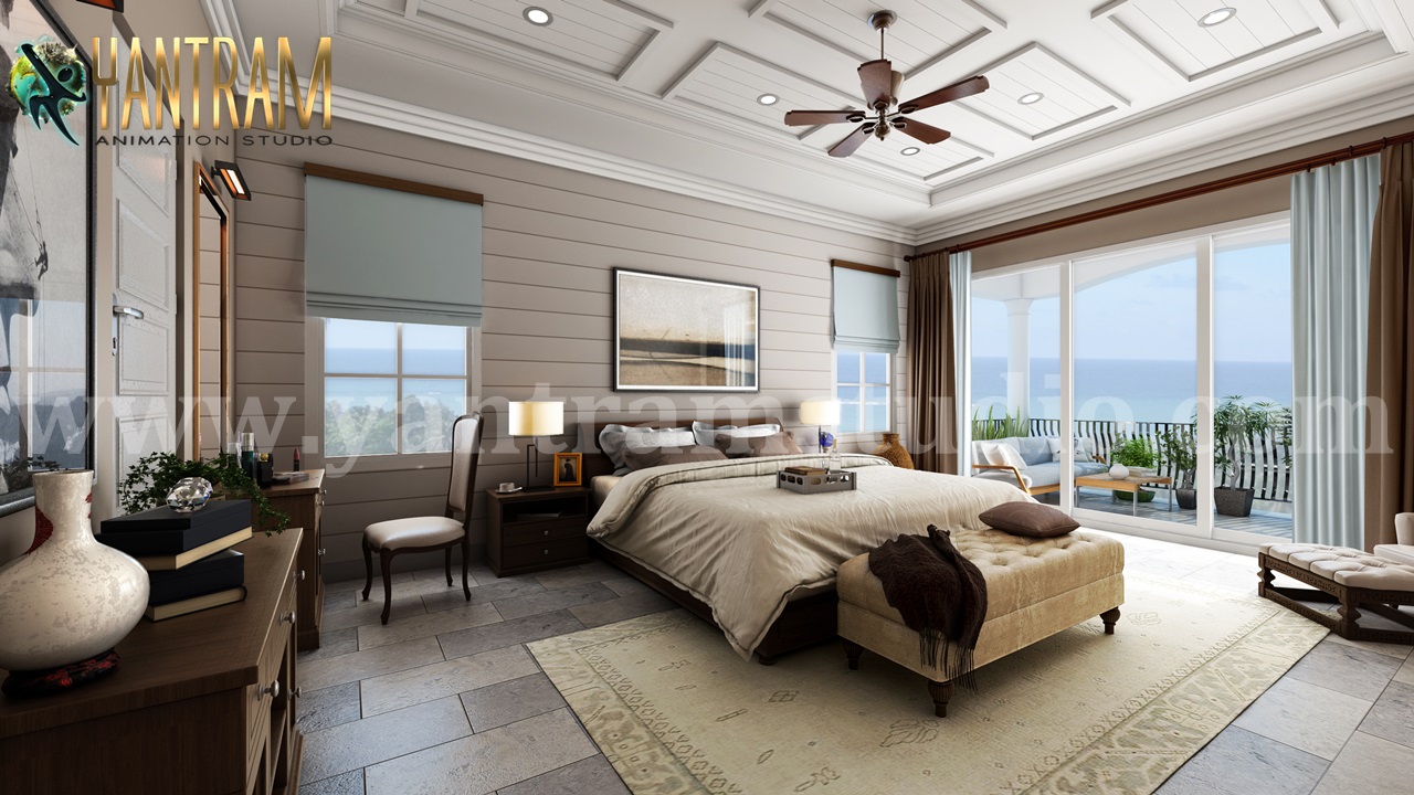 Contemporary Master Bedroom with Species Balcony 3d interior rendering services by residential interior design studio, Dubai – UAE