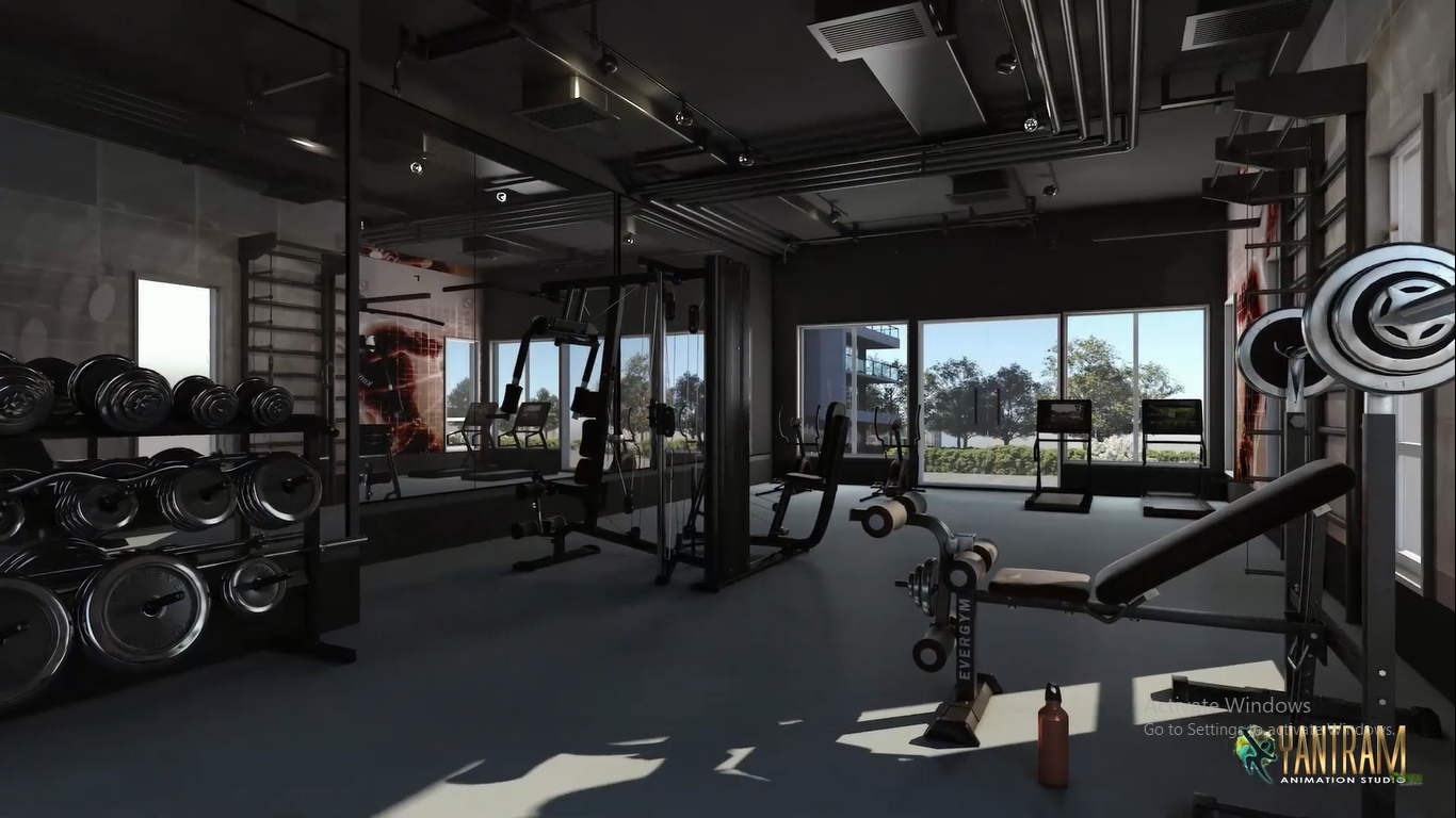 Photorealistic gym interior rendering with workout equipment, weight racks, and modern industrial ceiling design.– 3D rendering by Yantram Studio