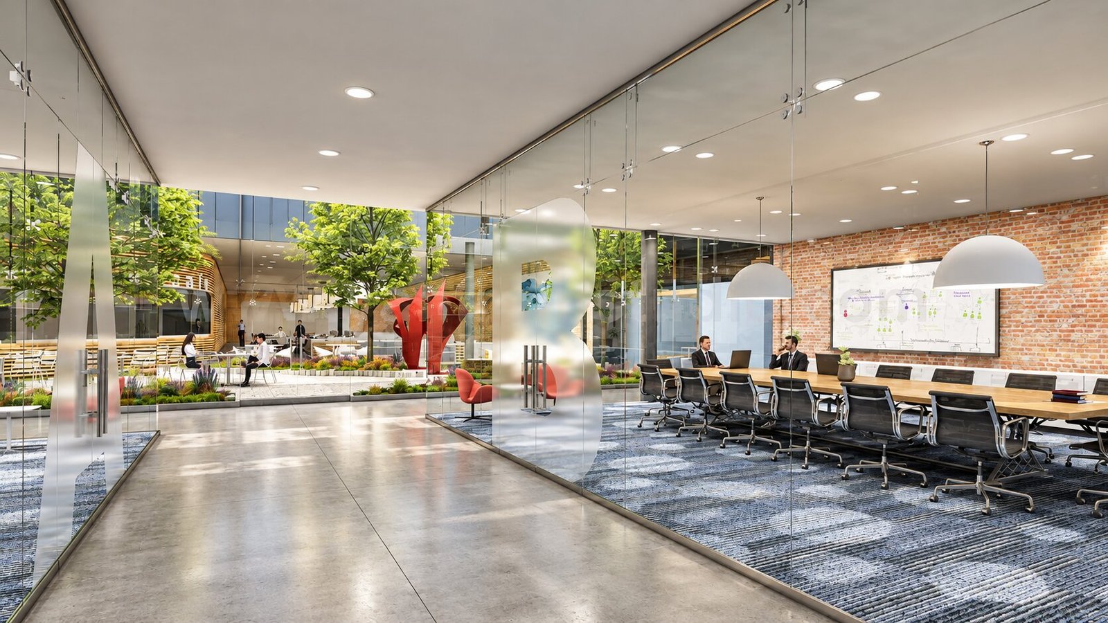 Meeting room with glass walls and modern furnishings — 3D Interior Rendering Seattle