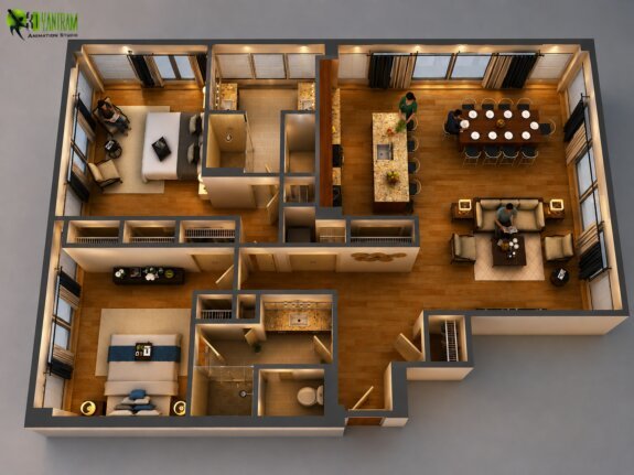 architectural, rendering, studio, visualization, services, design, Idea, floor plan, residential, home, apartment, villa, bungalow, ground floor, 1000 sq ft, 2 bedroom, kitchen, living room, companies, firm