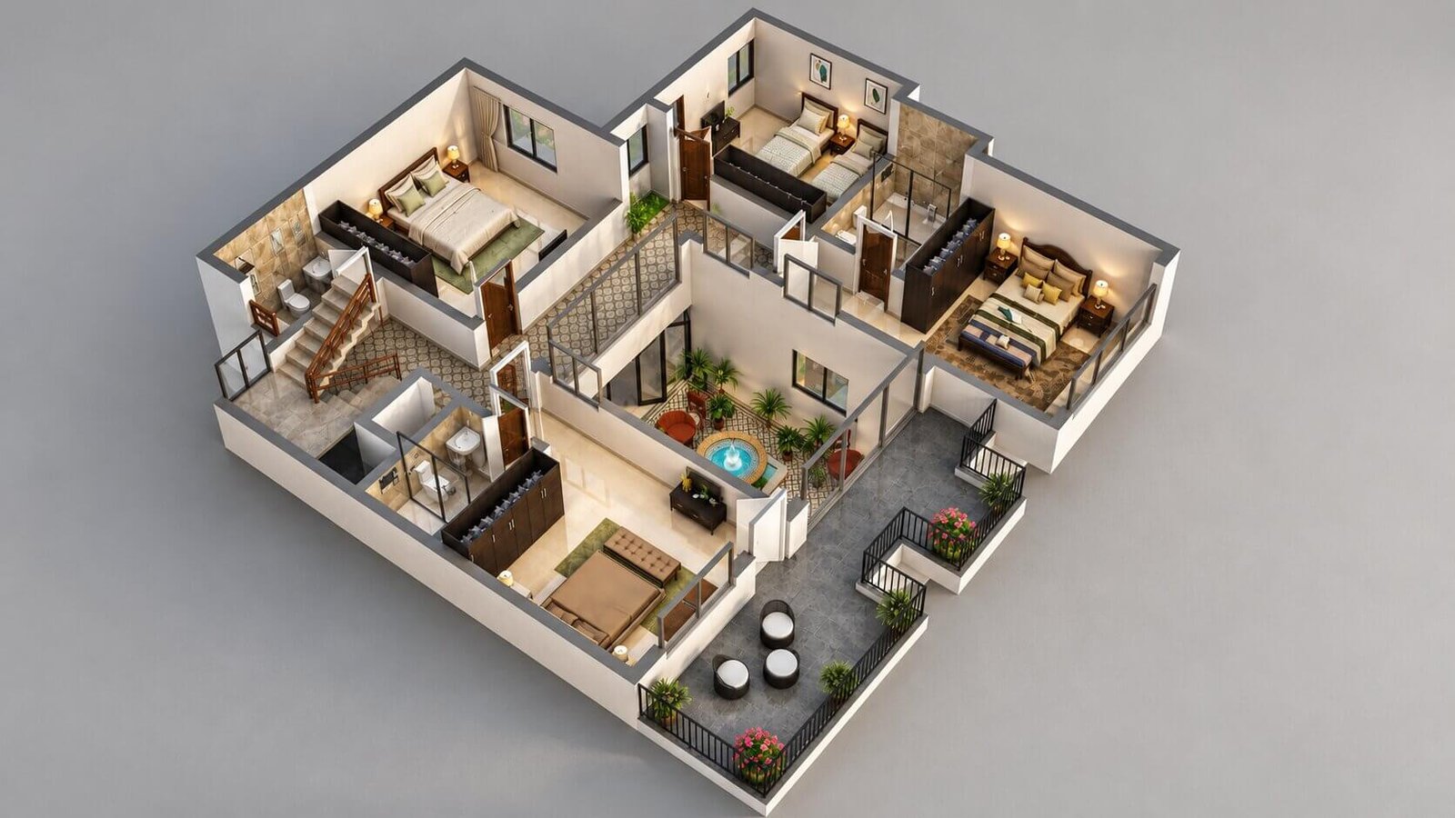 Isometric 3D floor plan rendering of a two-story residential home showing all rooms and layout