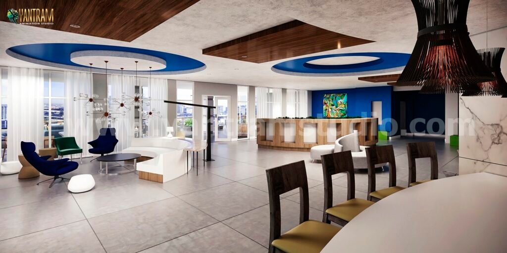 3D interior rendering of a modern hotel lobby with contemporary furniture, circular ceiling designs, reception desk, and large glass windows.