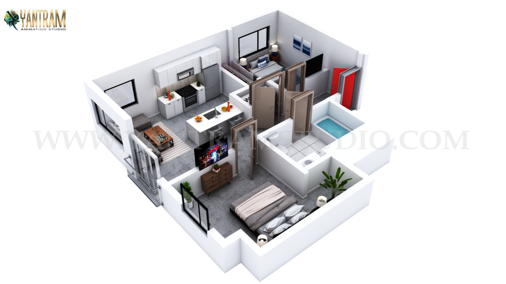3D floor plan rendering of a residential apartment unit displaying bedroom, living area, kitchen, and bathroom with furniture placement and material textures