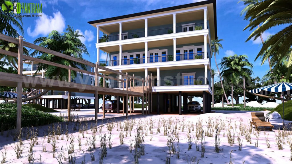 Beachfront Resort Building Exterior 3D Rendering Beachfront resort building 3D rendering with modern architecture and sandy tropical landscape.