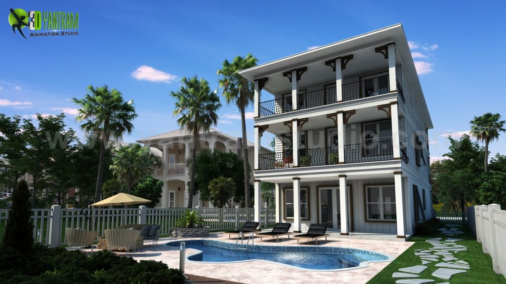 3d Exterior Modeling of Beautiful Home Front and Back Elevation designs and Ideas by Yantram architectural visualisation studio – San Diego, California
