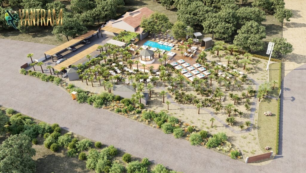 Bird view of Nikki Beach and 3D Exterior Architectural modelling Services , Doha โ Qatar
