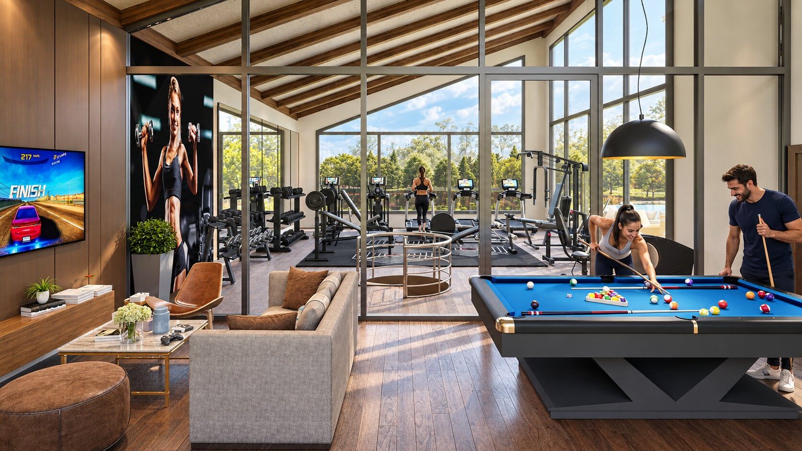 Club house interior view with pool table — Clubhouse Design Visualization