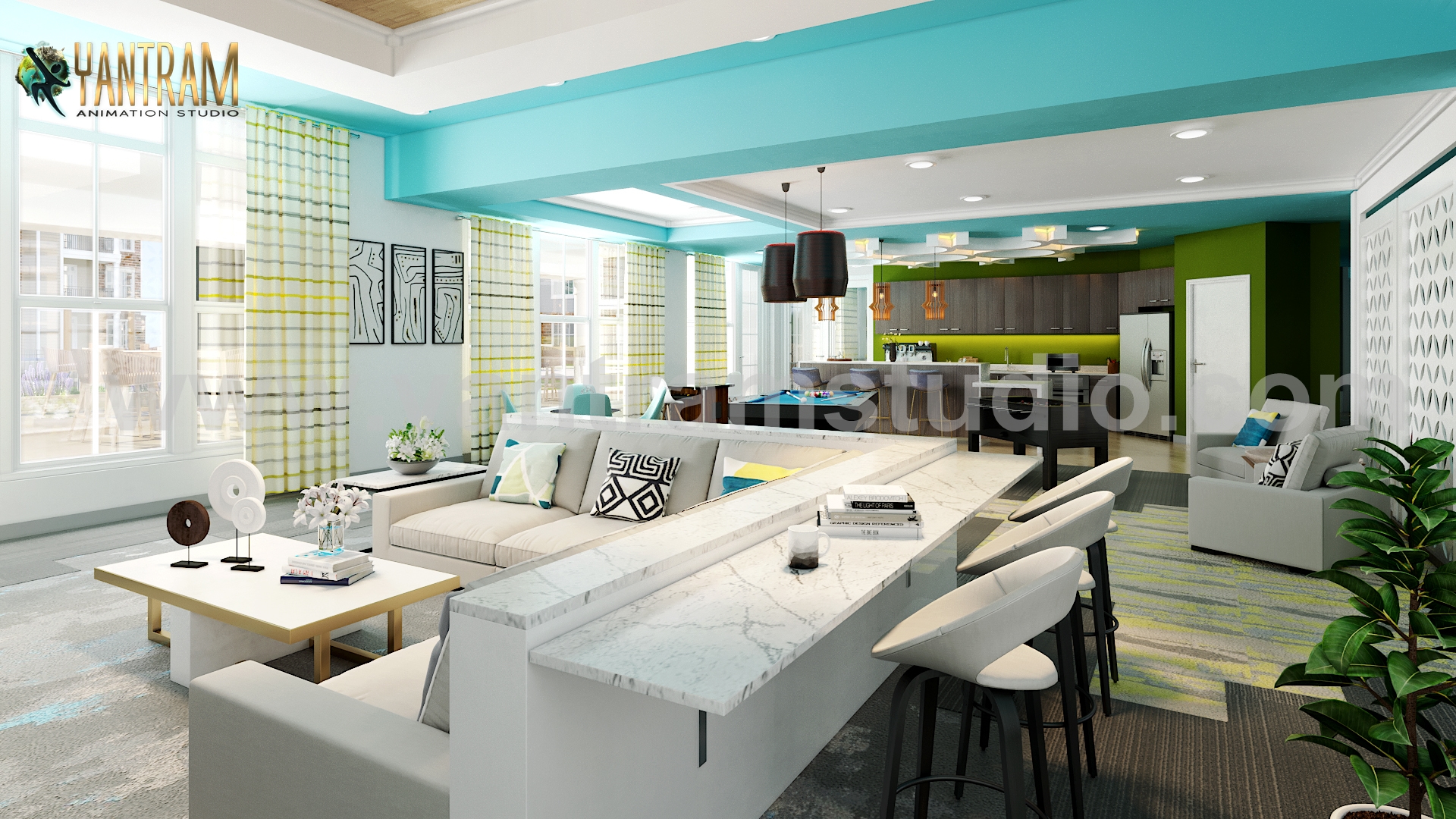 Clubhouse Sitting Area including Pool Table with Kitchen Interior Design Rendering by Architectural Modeling Firms, Paris – France