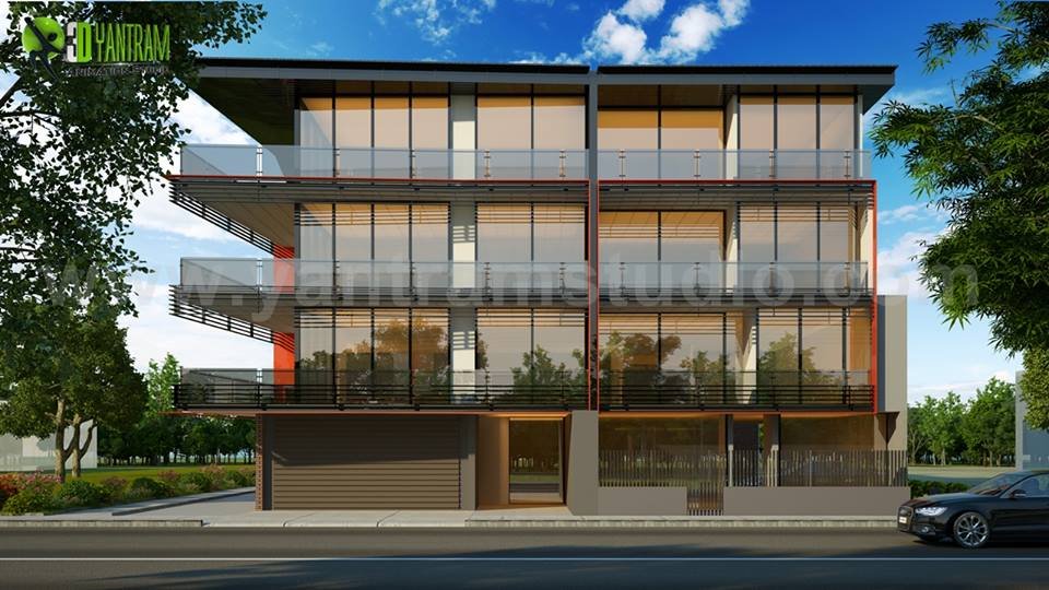 Three-story modern commercial building with large glass façades, horizontal balcony railings, metal framing, and street-facing frontage.