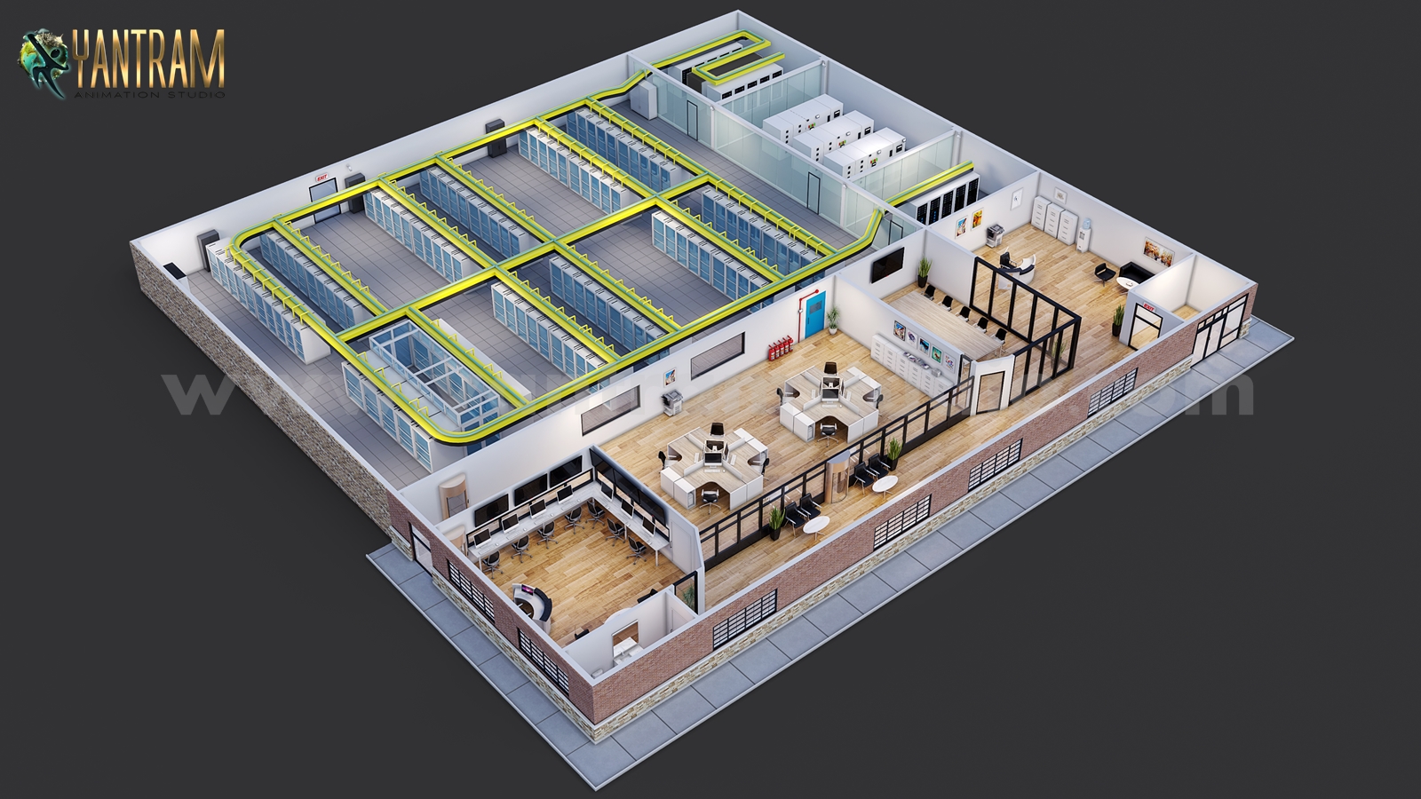 3d Floor Plan Commercial for large Data Storage Room by Yantram Architectural Visualisation Studio, Texas – USA