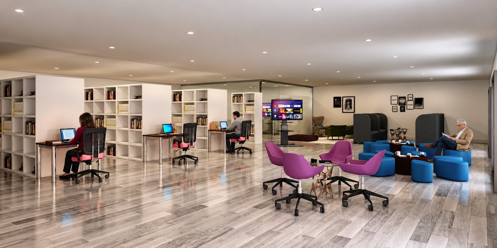 Contemporary office design featuring spacious seating — Office Cafe Interior Design