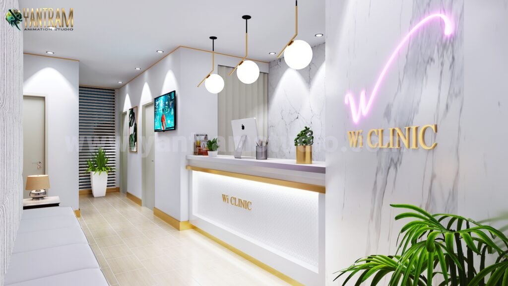 Minimalist office reception desk with modern design — 3D Interior Rendering El Paso