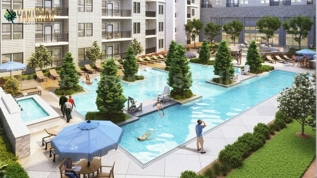 Gorgeous Courtyard Landscape Pool View Design Ideas of 3d exterior rendering services, Brussels – Belgium