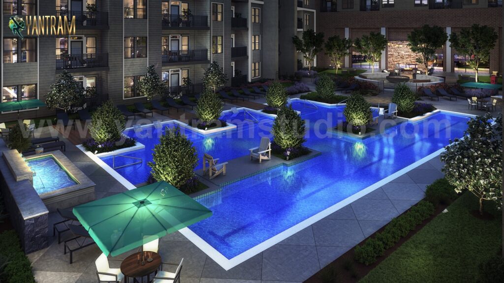 Gorgeous Courtyard Landscape Pool View Design Ideas of 3d exterior rendering services, Brussels – Belgium