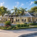 Modern Community Building Exterior – 3D Architectural Rendering 3D architectural rendering of a modern single-story community building surrounded by landscaped gardens and palm trees.