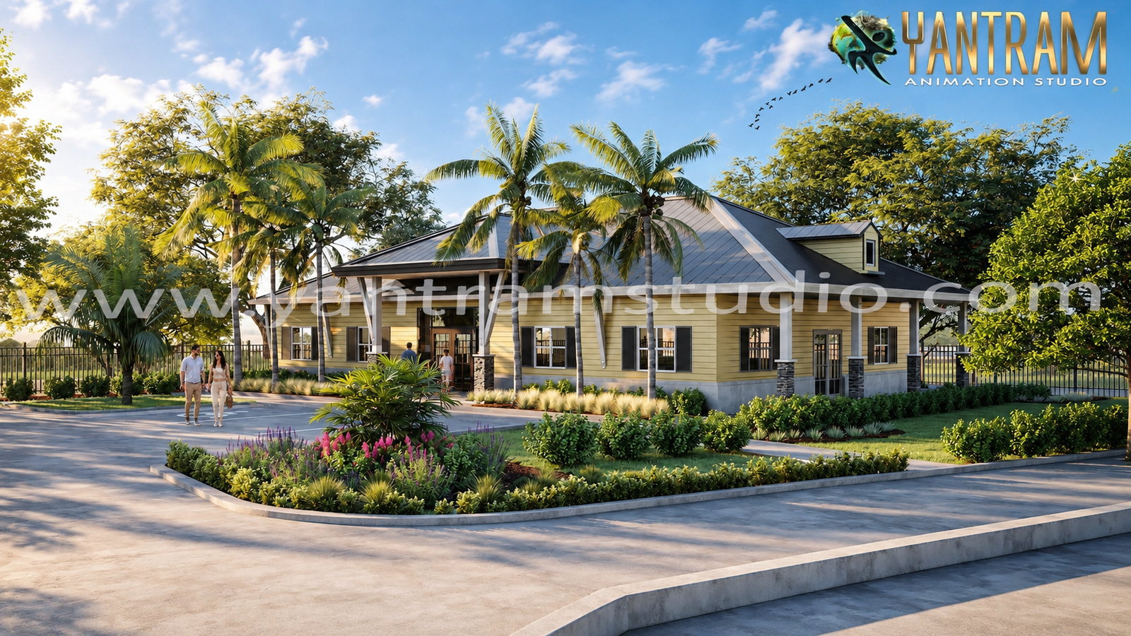 3D architectural rendering of a modern single-story community building surrounded by landscaped gardens and palm trees.
