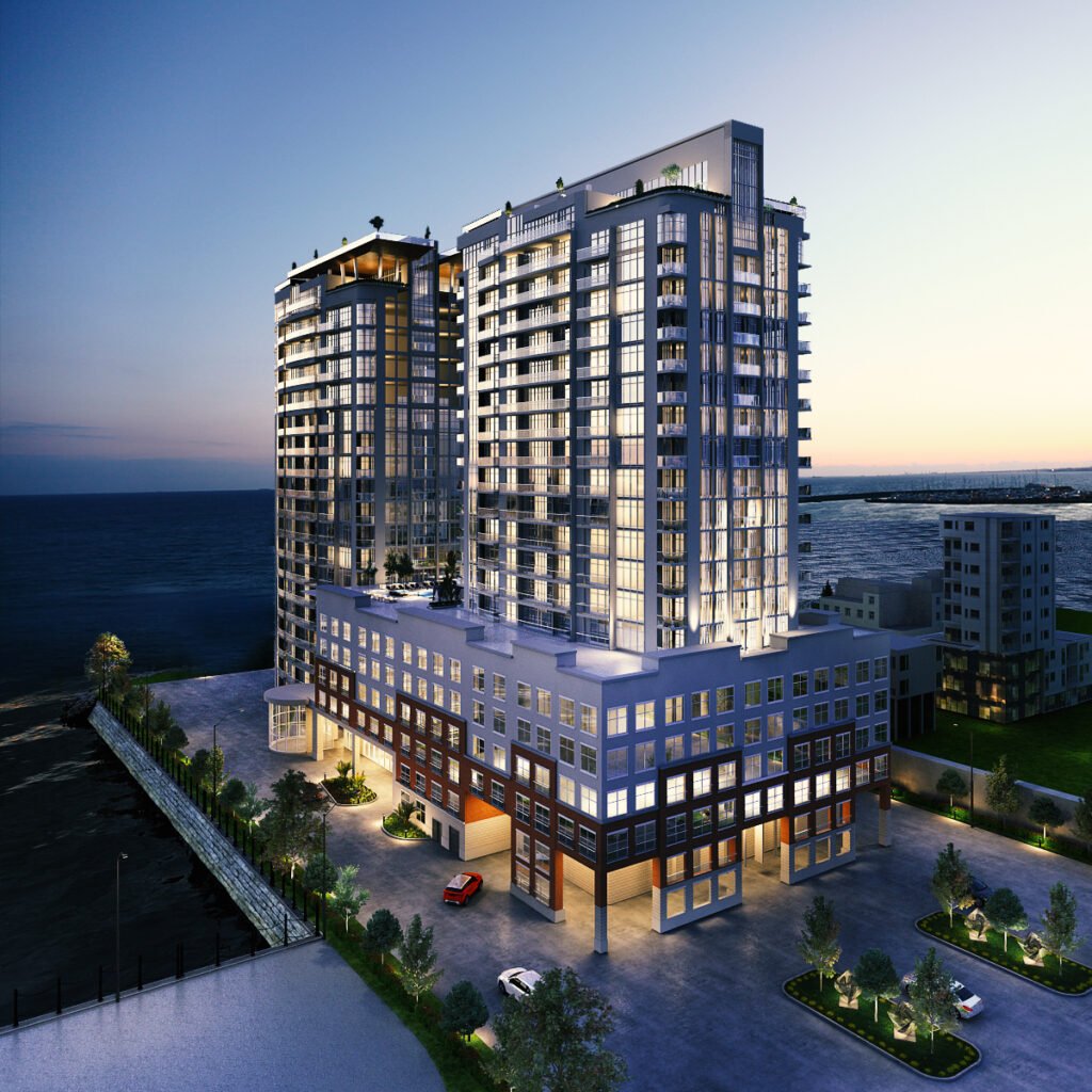 Luxury Waterfront Residential Tower 3D Architectural Visualization Modern waterfront high-rise residential tower 3D rendering at dusk with illuminated balconies, mixed-use podium, landscaped surroundings, and ocean backdrop.