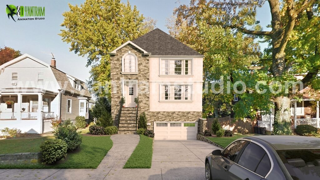 Classic Residential House Exterior – 3D Architectural Rendering Classic suburban house exterior with stone façade, landscaped front yard, driveway, and parked car in photorealistic 3D architectural rendering.