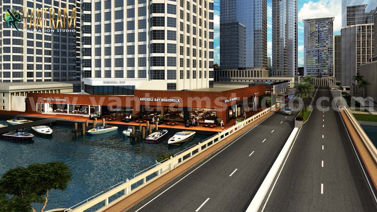 3d Architectural visualization walkthrough of Water side Restaurant by Yantram Architectural Modeling Firm, New York – USA