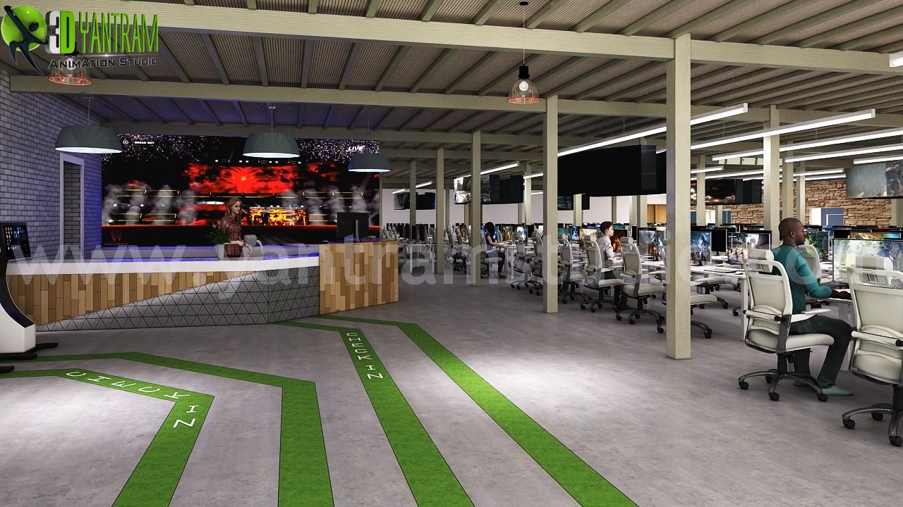 Modern open-plan office interior rendering with workstations, industrial ceiling, collaborative workspace, and reception café area – commercial visualization by Yantram Studio. – 3D visualization by Yantram Studio