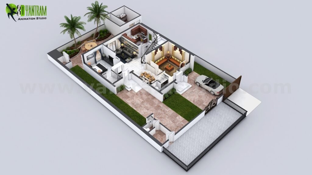 architectural, rendering, studio, visualization, services, design, Idea, floor plan, residential, home, apartment, villa, bungalow, ground floor, 2000 sq ft, kitchen, living room, modeling, 1 bedroom, parking