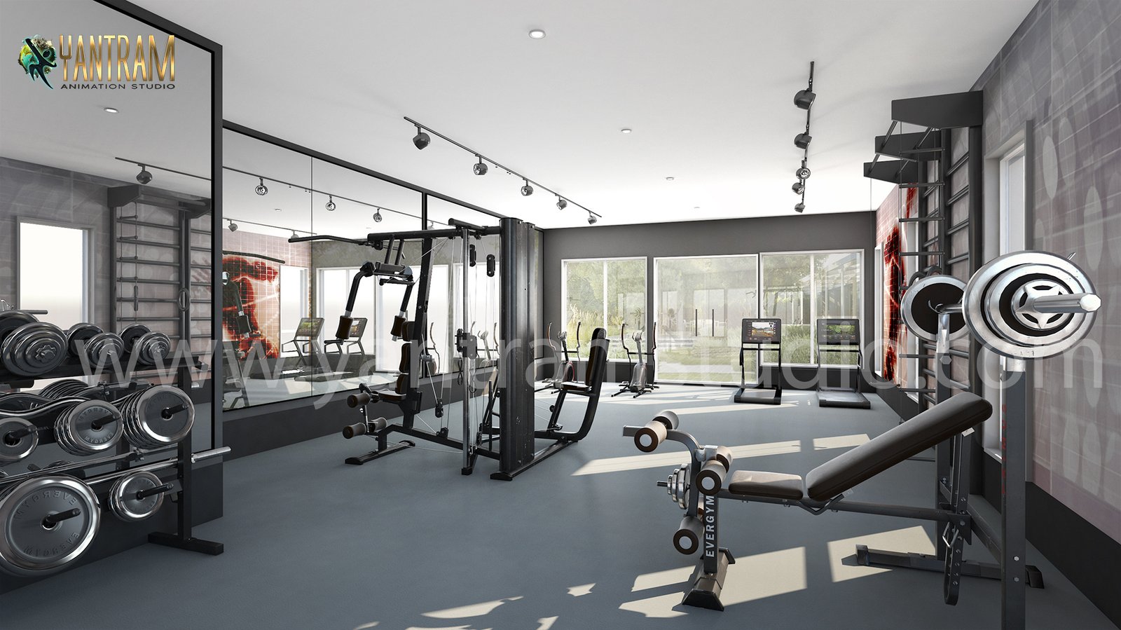 Modern weight training gym interior 3D visualization with dumbbells, benches, and strength equipment. – 3D architectural visualization by Yantram Studio