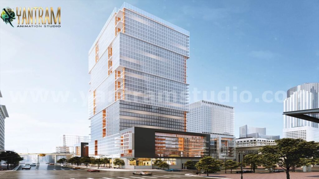 Contemporary Mixed-Use High-Rise Tower 3D Architectural Visualization Modern mixed-use high-rise building 3D rendering with stepped glass façade, orange accent panels, urban skyline, and landscaped city streets.