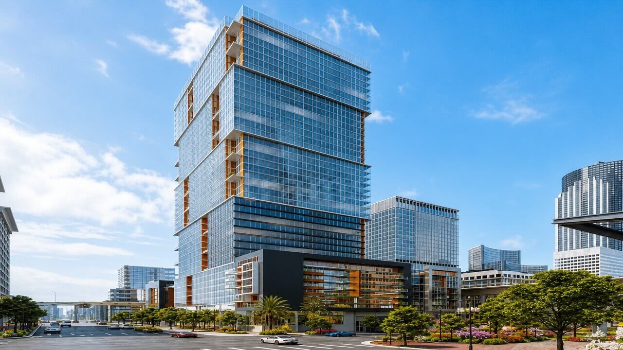 Modern high-rise building with glass facades in Seattle