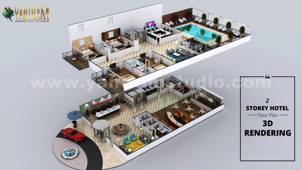 architectural, rendering, visualization, studio, services, design, view, commercial, retail, Floor plan, ground floor, layout, cabin, company, modeling, Hotel, Resort, bedrooms, pool, 5000 sq ft