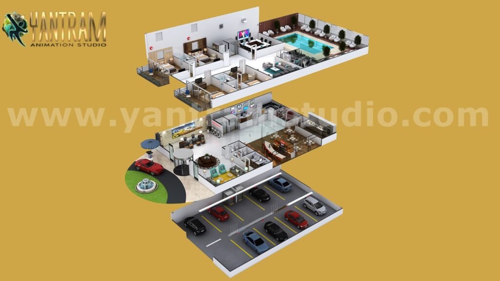 architectural, rendering, studio, visualization, services, design, Idea, floor plan, commercial, hotel, 3 floors, company, modeling, retail, 3000 sq ft, company, firms, floor plan, resort, 3d, basement, 2 floor