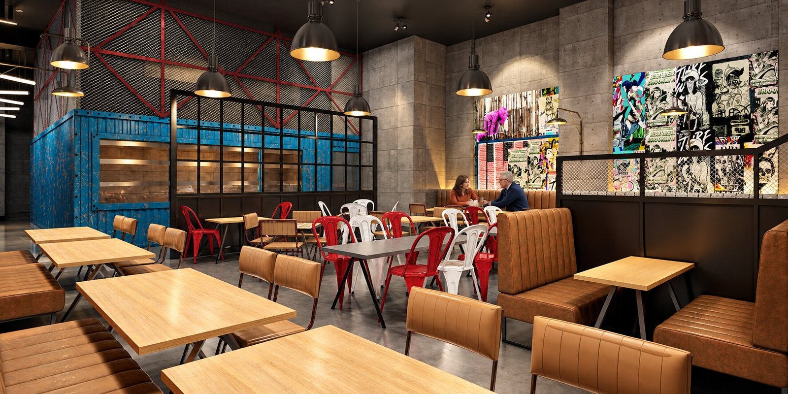 Inside view of the cafe serving area with modern design