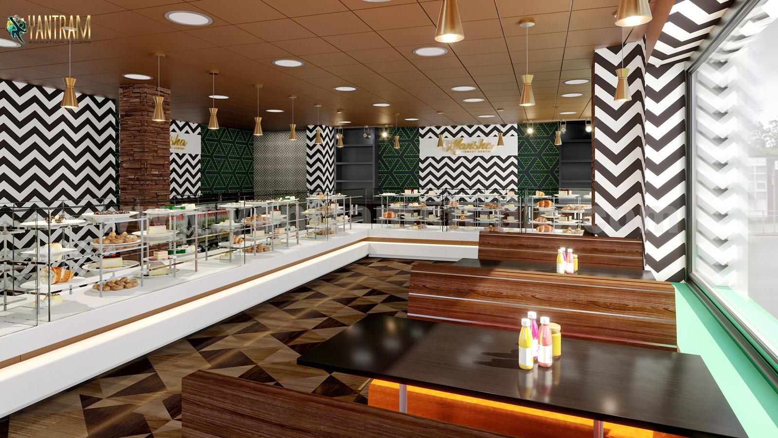 Creative food court design with unique decor — Shopping Mall 3D Rendering